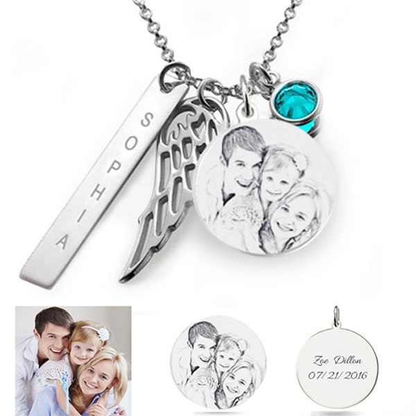 Engraved Circular Photo Pendant Necklace