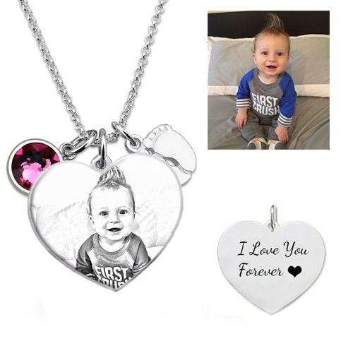 Heart Shaped Photo Necklace with Baby Feet - Silver